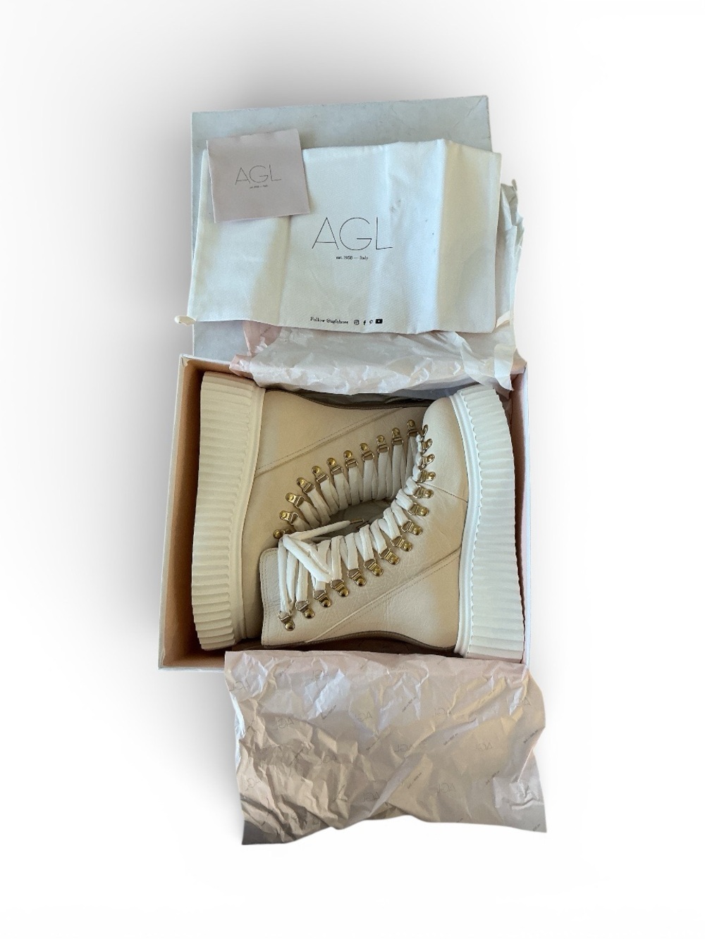 AGL Dromo Platform Combat Boots Ice Milk Leather Gold Hardware EU 38